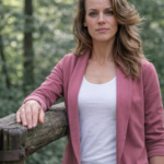 Vrouw in het bos bij een hek