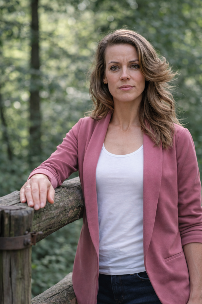 Vrouw in het bos bij een hek