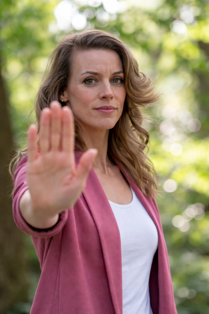 Vrouw met hand in stopgebaar in bos